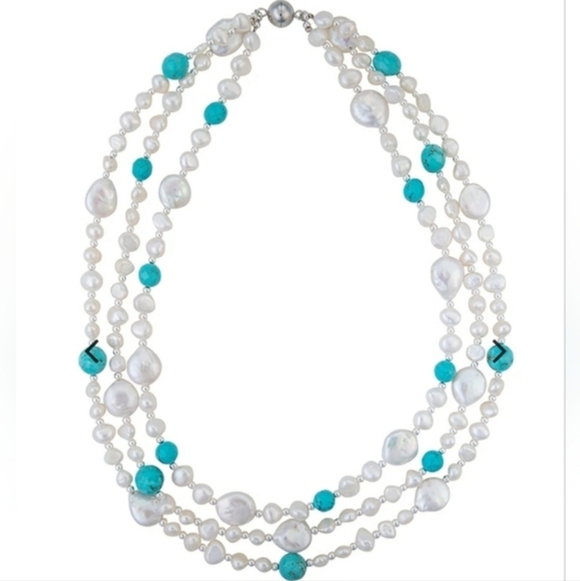 DH Pearls Three Strand Fresh Water Cultured Pearls And Turquoise Necklace